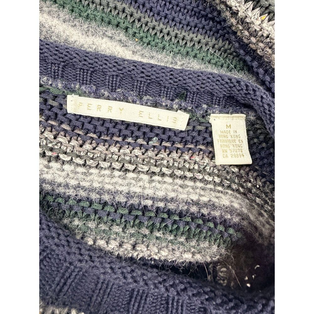 Perry Ellis Striped Knit Crewneck Sweater Men's M Navy Green Gray - Picture 4 of 6